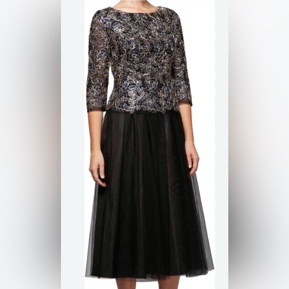 Alex Evenings Mock Two-Piece A-Line Gown Blue Gold Tulle Mother Of Bride Size 10 - Picture 1 of 13
